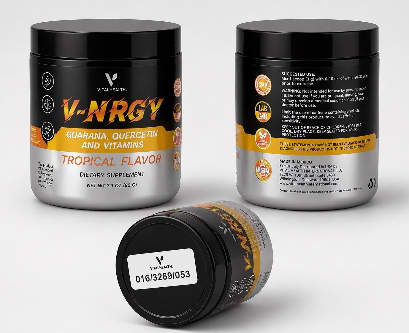 VitalHealth V-NRGY Guarana Quercetin Vitamins Energy Powder Tropical 3.1 oz