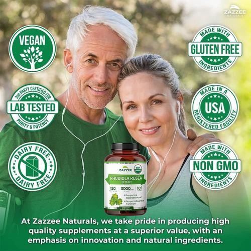 3 X Zazzee Organic Rhodiola 10:1 Exract, 3000 mg Strength, 120 Vegan Capsules