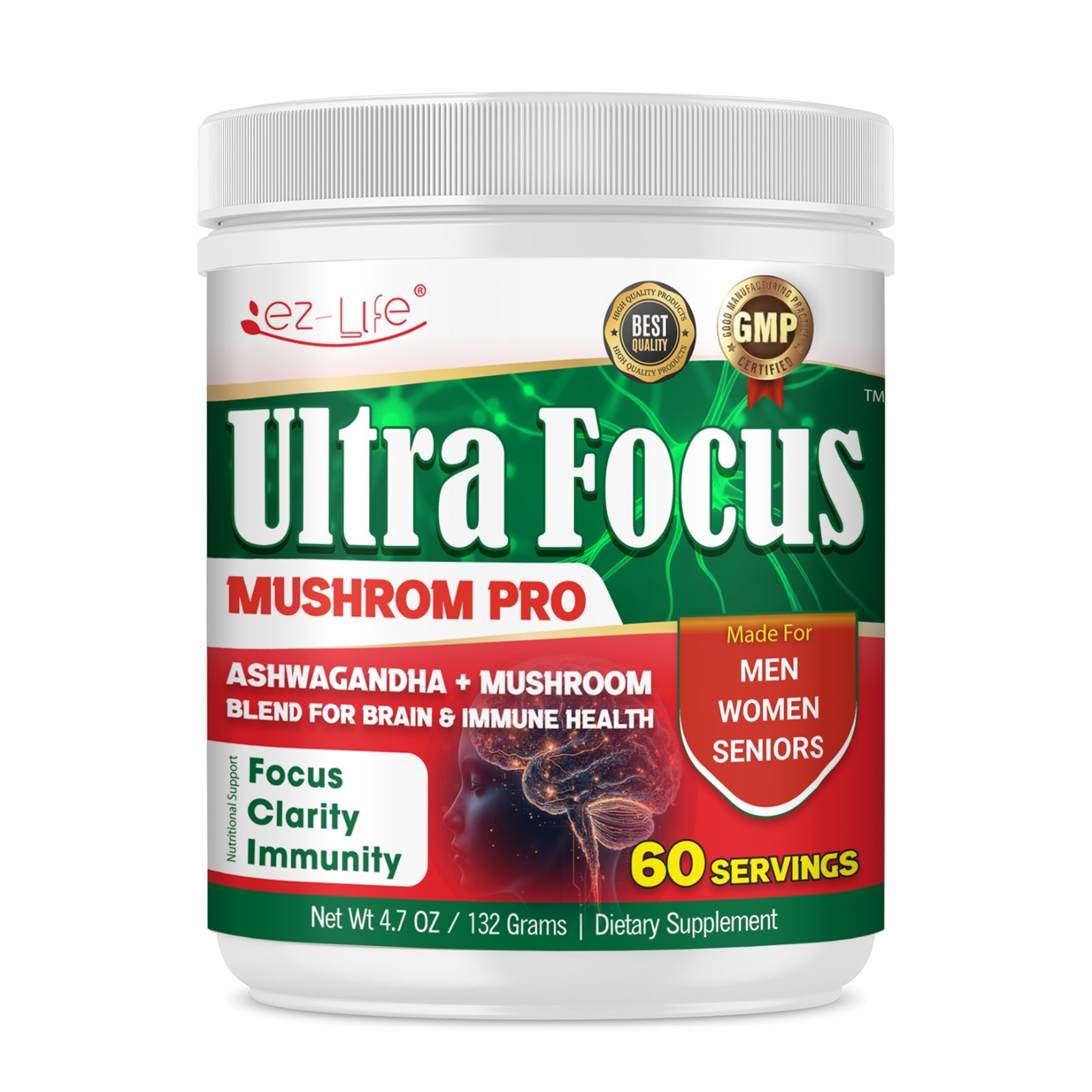 Organic Mushroom Powder For Energy, Focus & Immunity, Drink Mix- 60 Servings