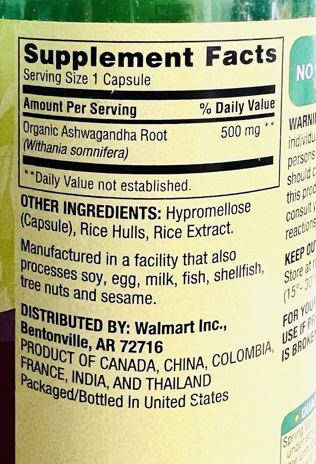 Spring Valley Ashwagandha Root Powder 500 mg Vegetarian Capsules – 60 ct