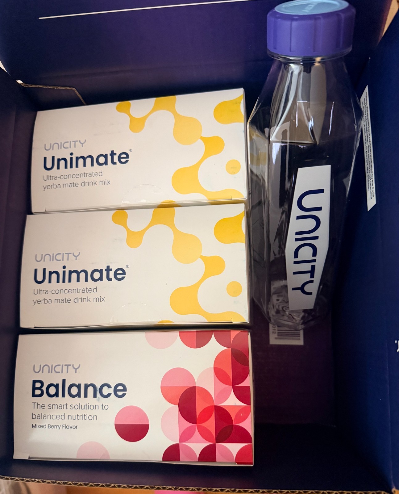 Unicity 3 Box Set – 1xBalance Mixed Berry + 2x Unimate Lemon –Exp 12/27 + Bottle