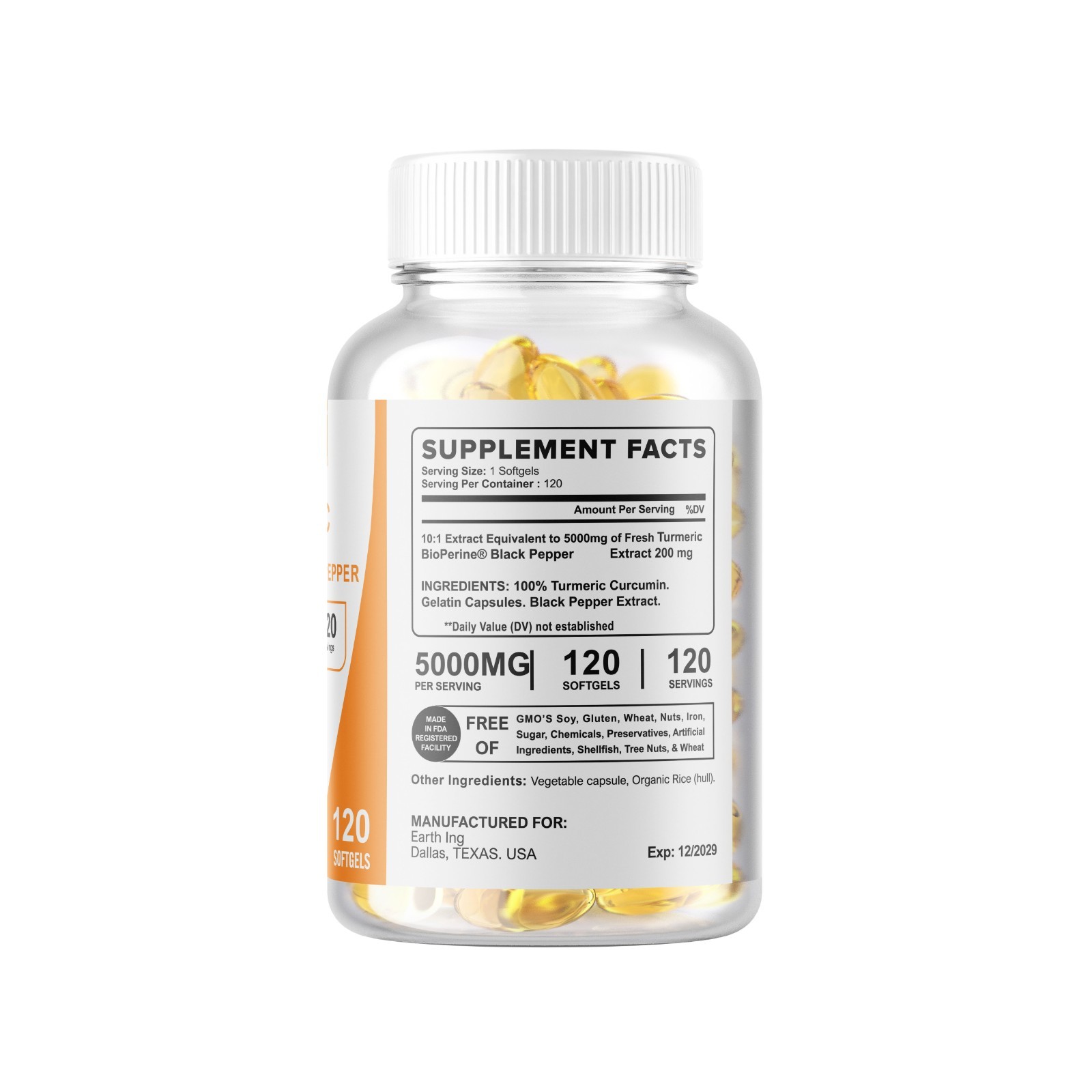 Turmeric Curcumin 5000mg Herbal Extract with BioPerine Servings 360 Softgels