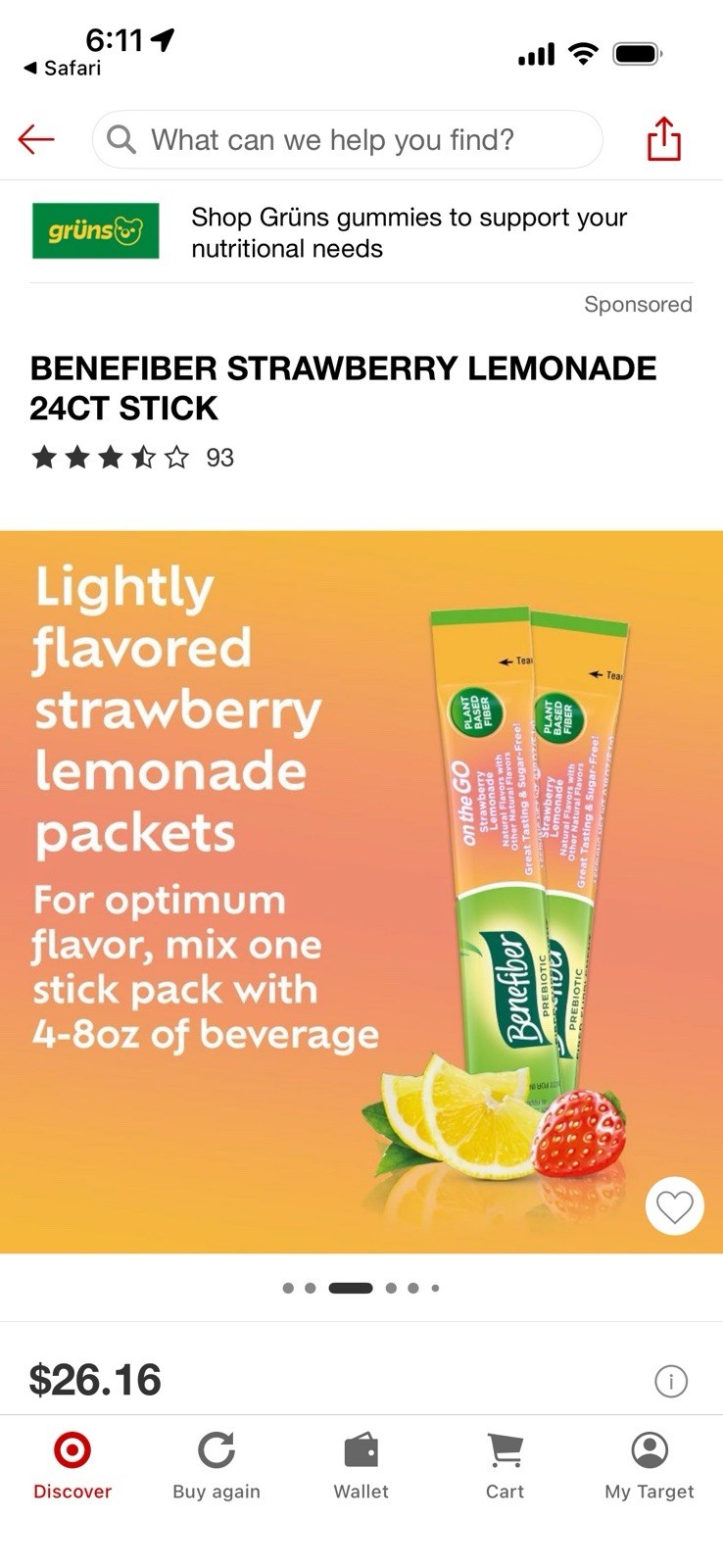 Benefiber Prebiotic Fiber Supplement Strawberry Lemonade Sugar-Free 24ct Stick