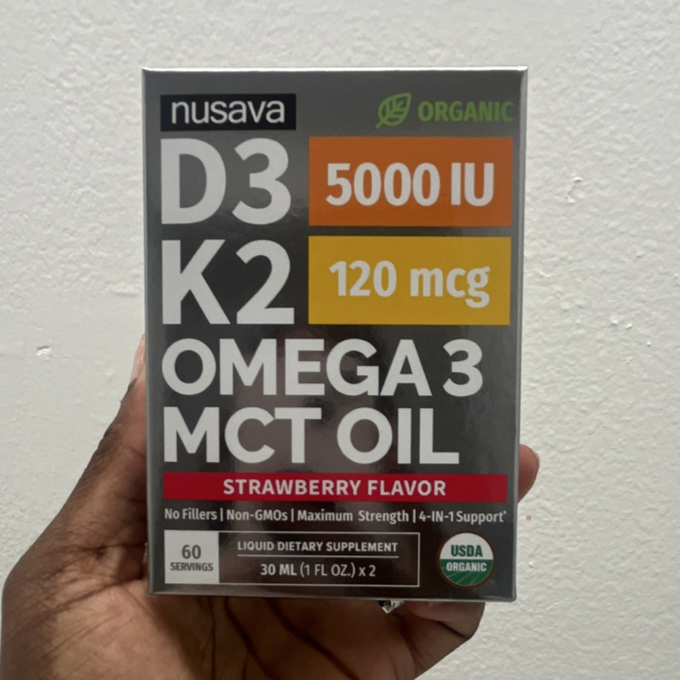 nusava Organic D3 K2 Omega-3 MCT Oil Liquid Strawberry Flavor 30 ml x 2