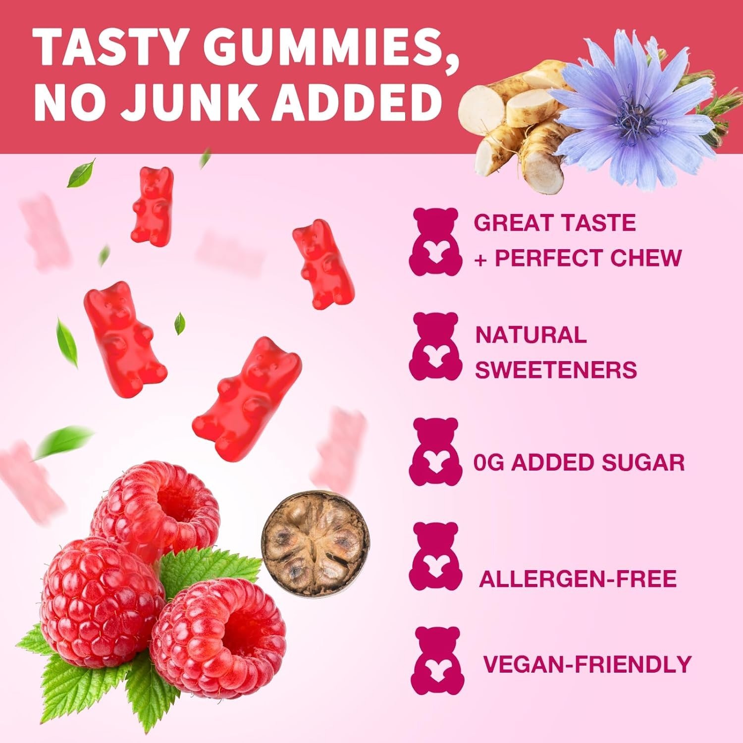 Sugar Free Fiber Gummies 60ct – Organic Chicory Root Digestive Health Vegan Kit