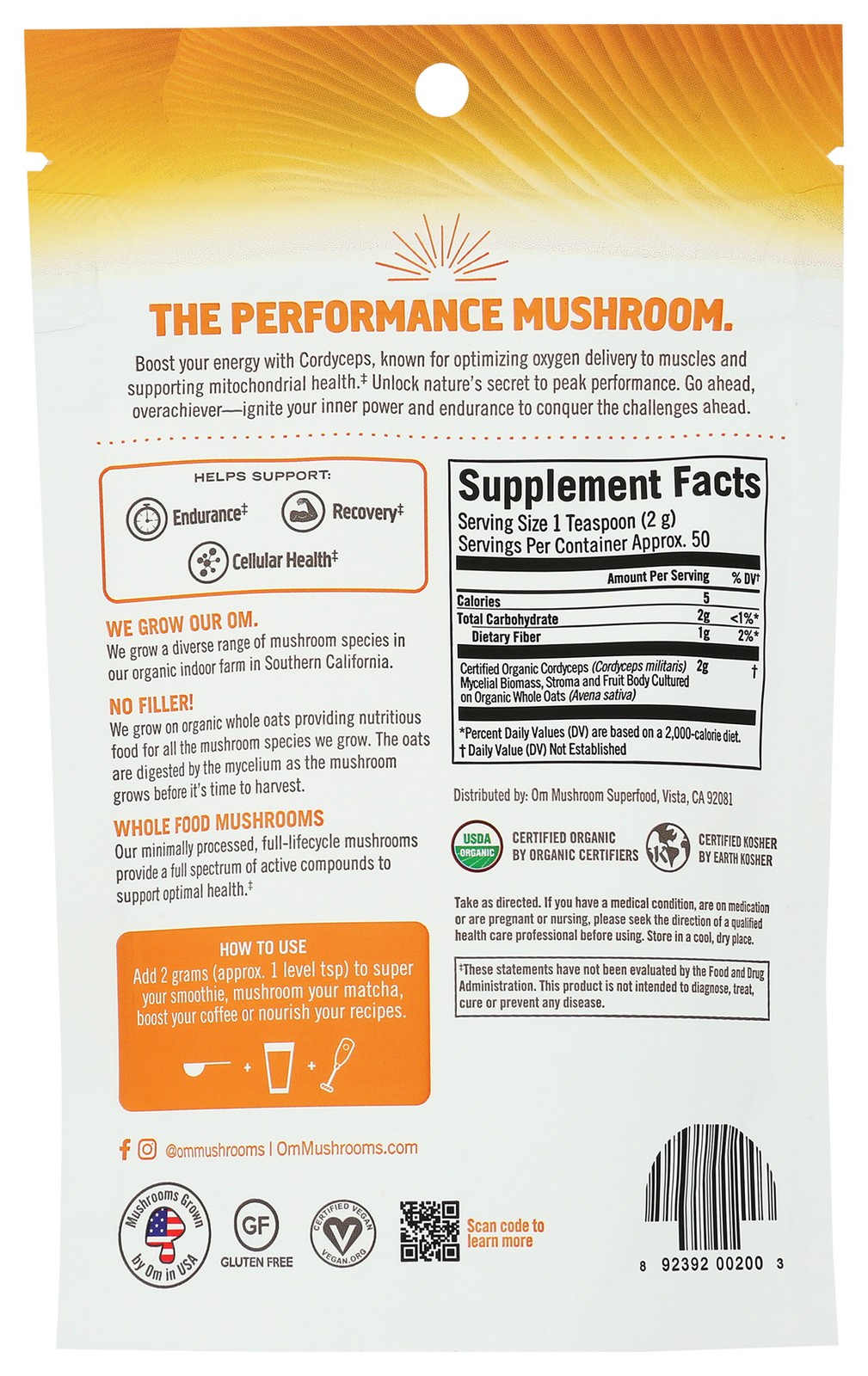 Cordyceps Mushroom Powder By Om 100G Full Spectrum Dietary Supplement 1 Pack