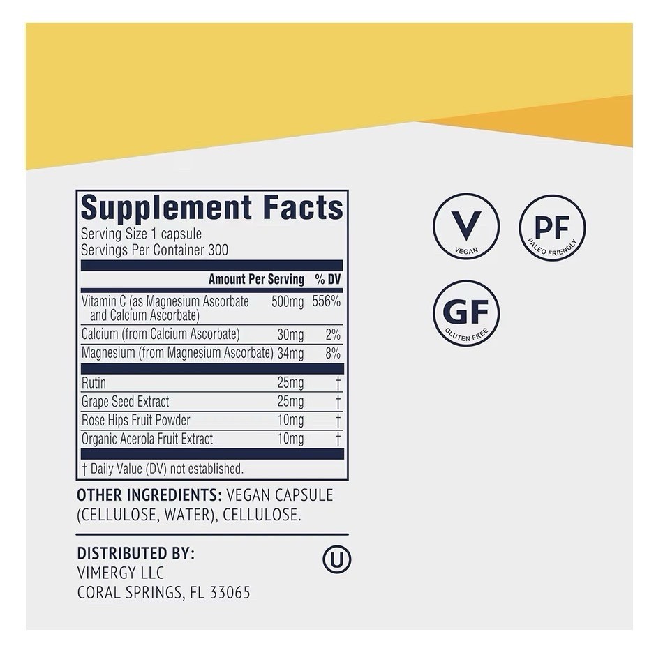 Vimergy Micro-C Vitamin C Capsules 500mg per Capsule Bones Immune Support 300cap