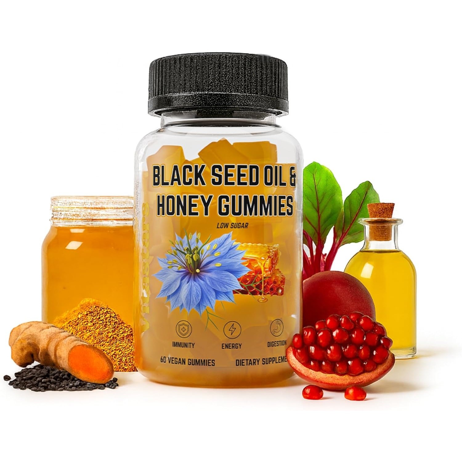 Black Seed Oil & Honey Gummies, Black Cumin Seed Oil, Vitamin C, Turmeric, 60