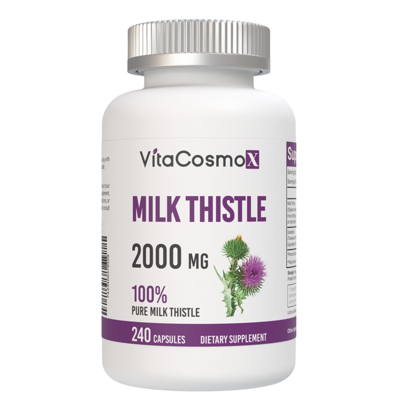 VitaCosmoX Milk Thistle Dandelion Root 2000mg , 240 Vegetarian Capsules