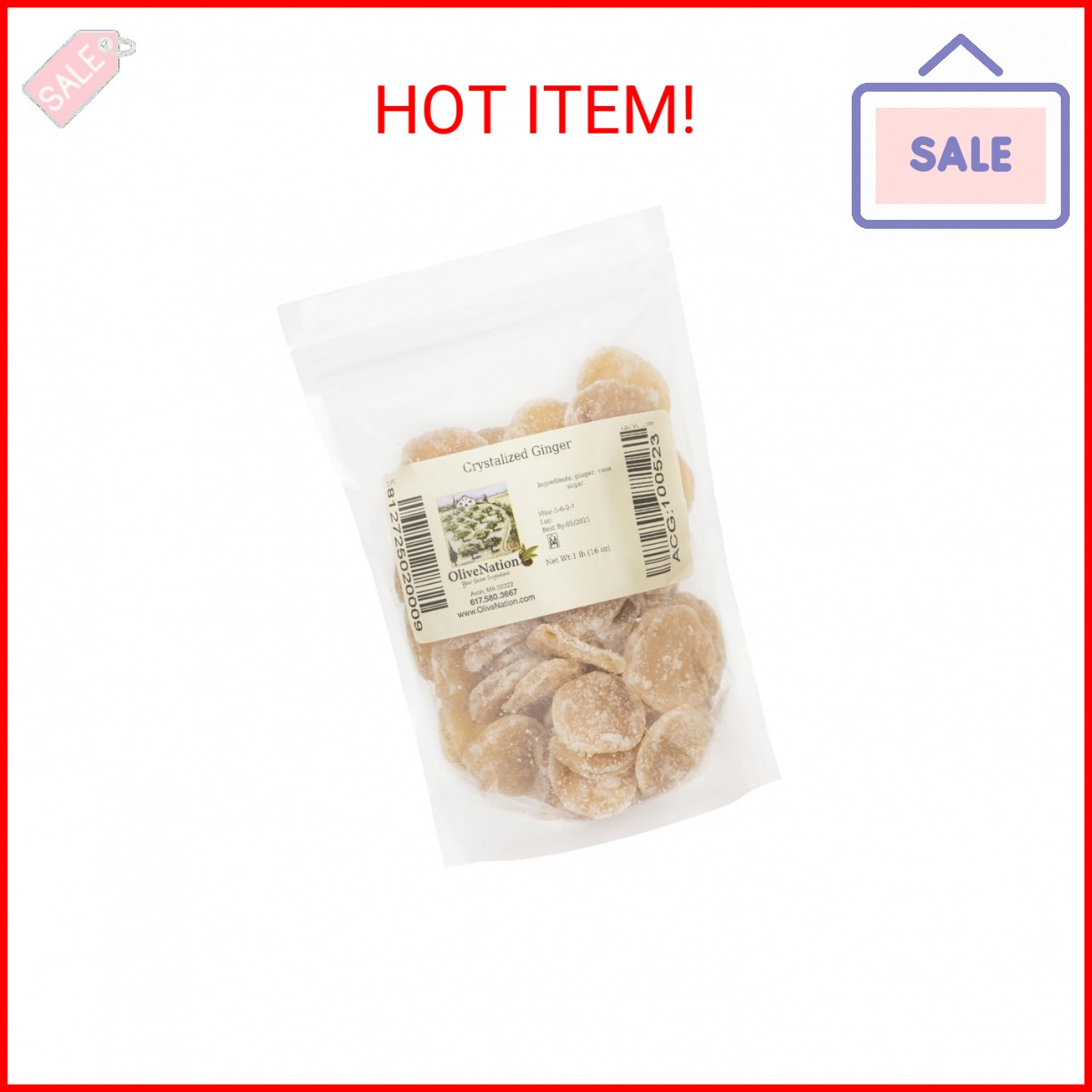 OliveNation Crystalized Ginger Slices, Sweet and Spicy Candied Ginger, Kosher, G