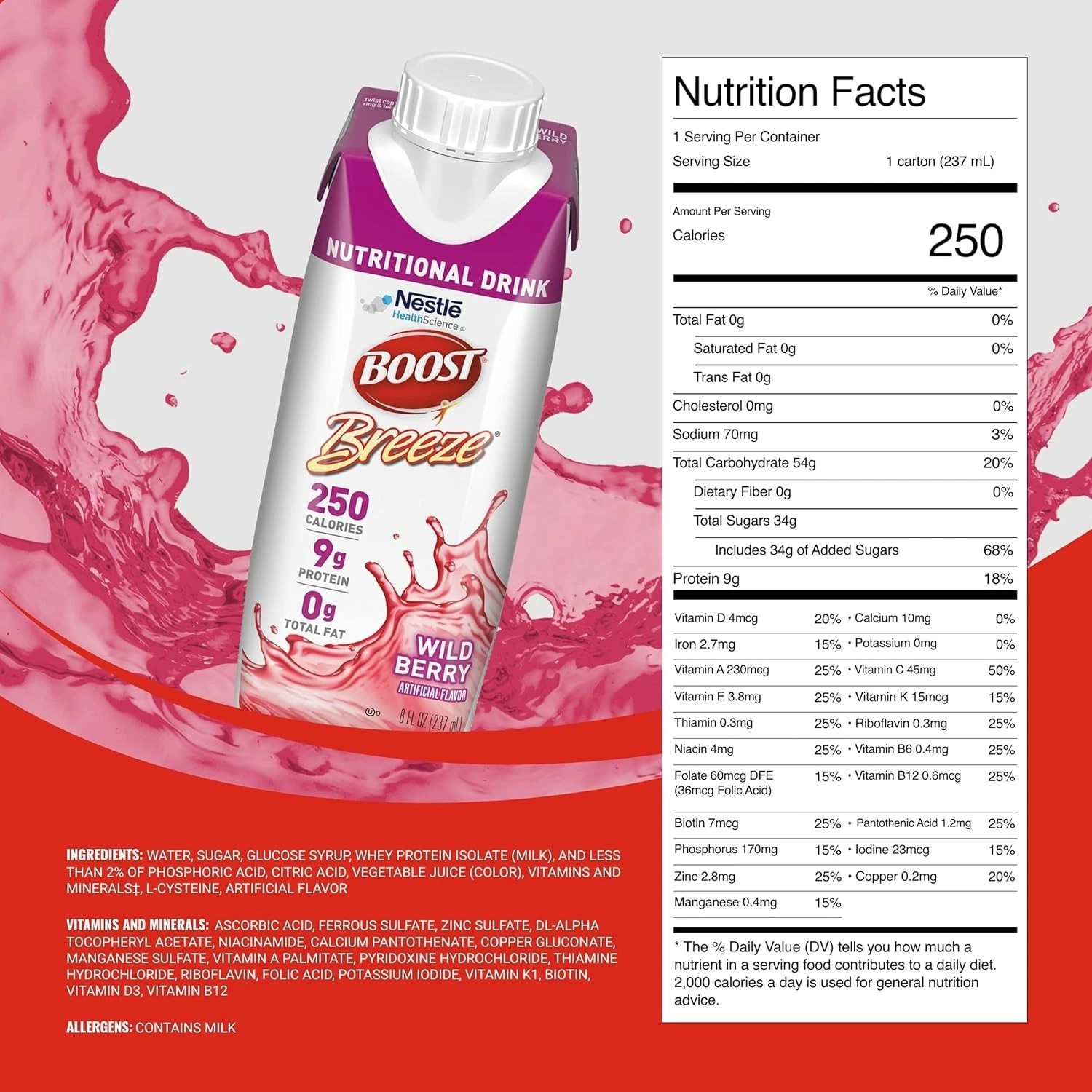 Boost Breeze Wild Berry Nutritional Drink 8 oz Cartons – 24 Count Case