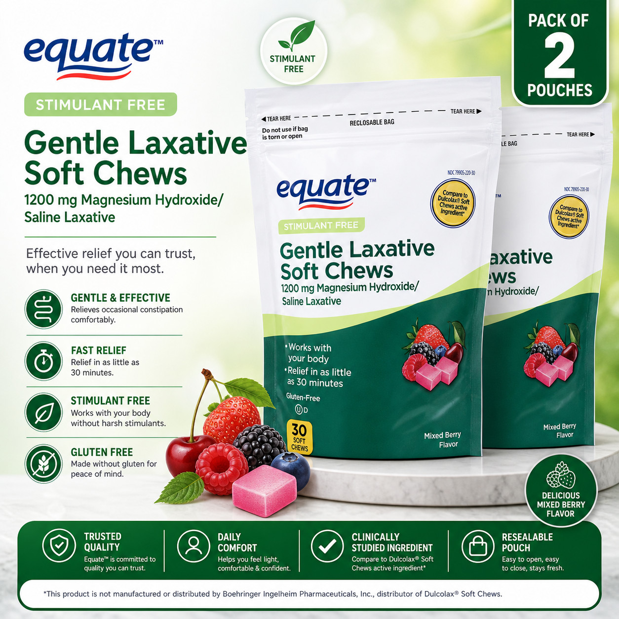 Equate Gentle Laxative Soft Chew for Constipation Relief, Mixed Berry Flavor, 30