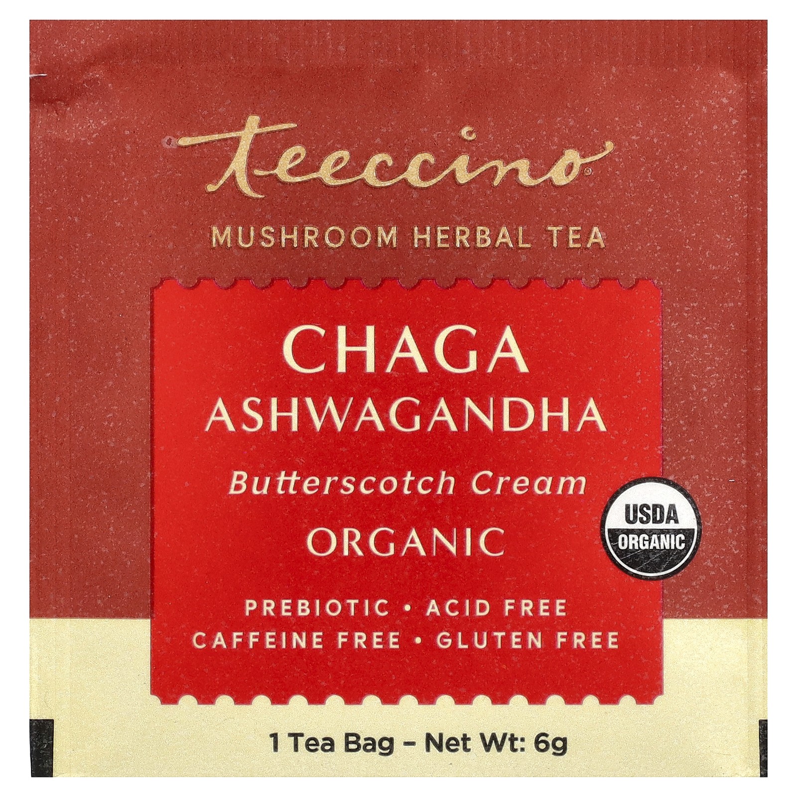 Organic Mushroom Herbal Tea, Chaga Ashwagandha, Butterscotch Cream, Caffeine