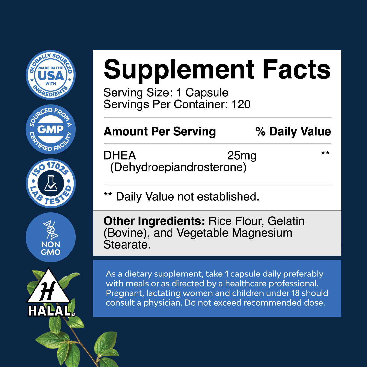 Pure DHEA 25mg per serving for Women and Men Extra Small Capsule High Absorption