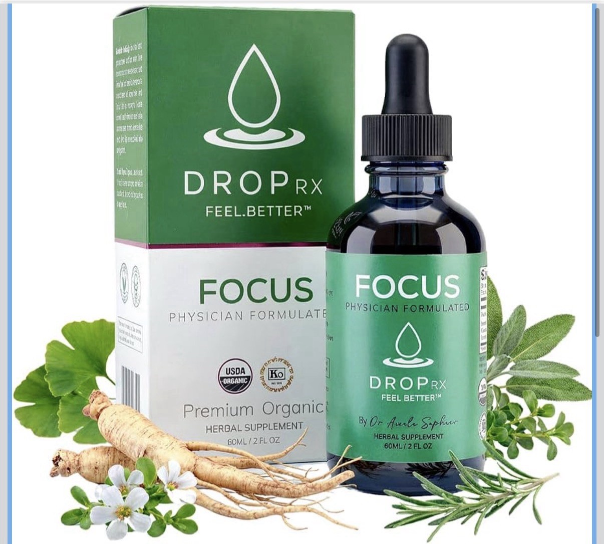 DropRx Focus Liquid Herbal Supplement 60 mL Mental Clarity Vegan Organic