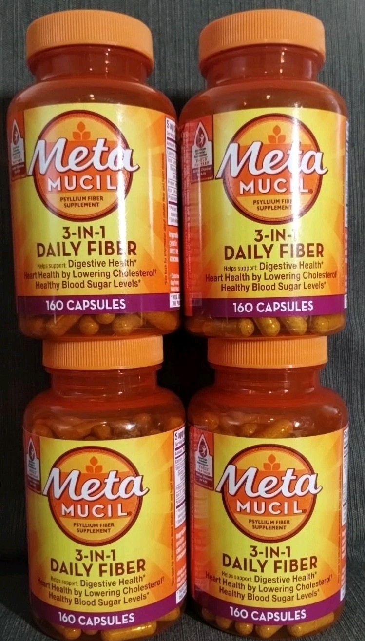 (4) Metamucil 3-in-1 Daily Fiber Supplement, 160 Capsules Each – Exp 2027+ Meta