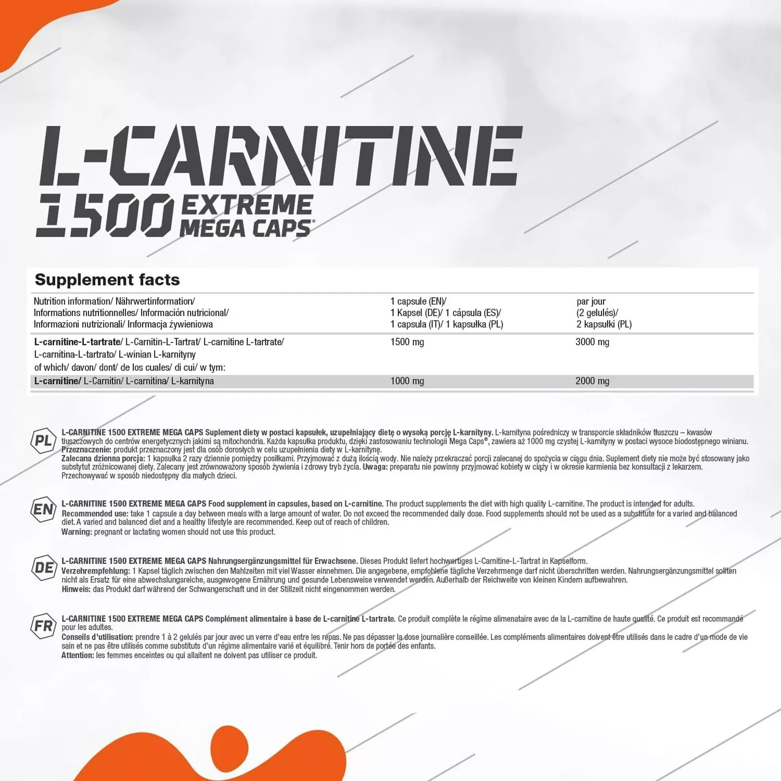 L-CARNITINE 1500 – 120 Capsules – 1 Box MEGA CAPS – Fat Burning Energy Power