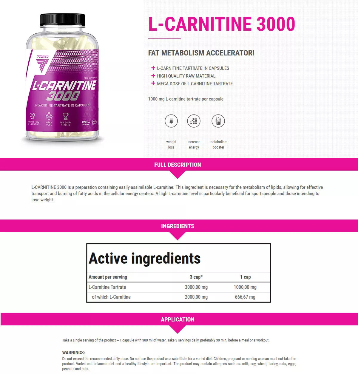 L-CARNITINE 3000 60-180 Caps Non-Stimulant Fat Burner Energy Slimming Reduction