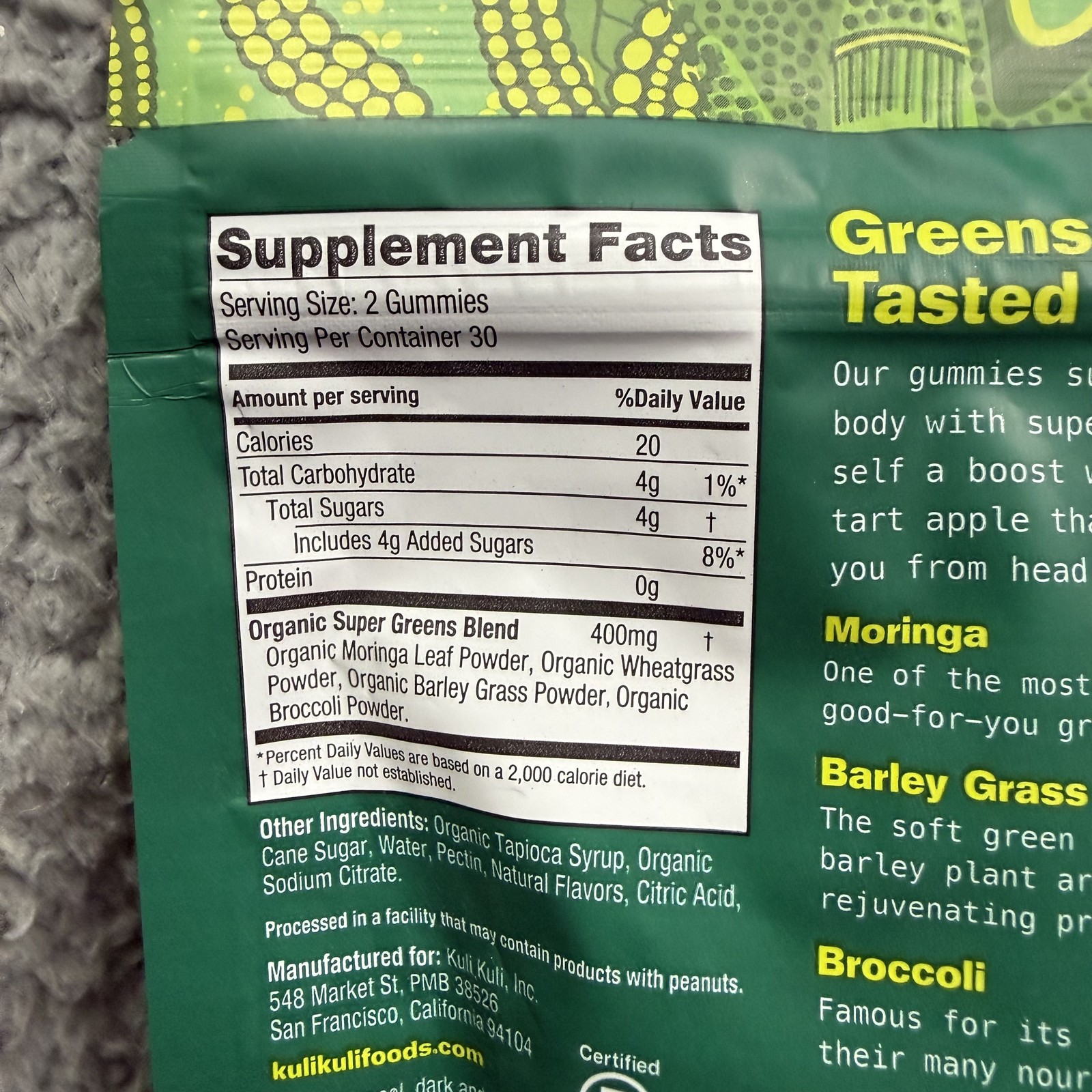 Kuli Kuli Moringa & Super Greens Gummies 60 Ct 30 Servings Green Apple Energy