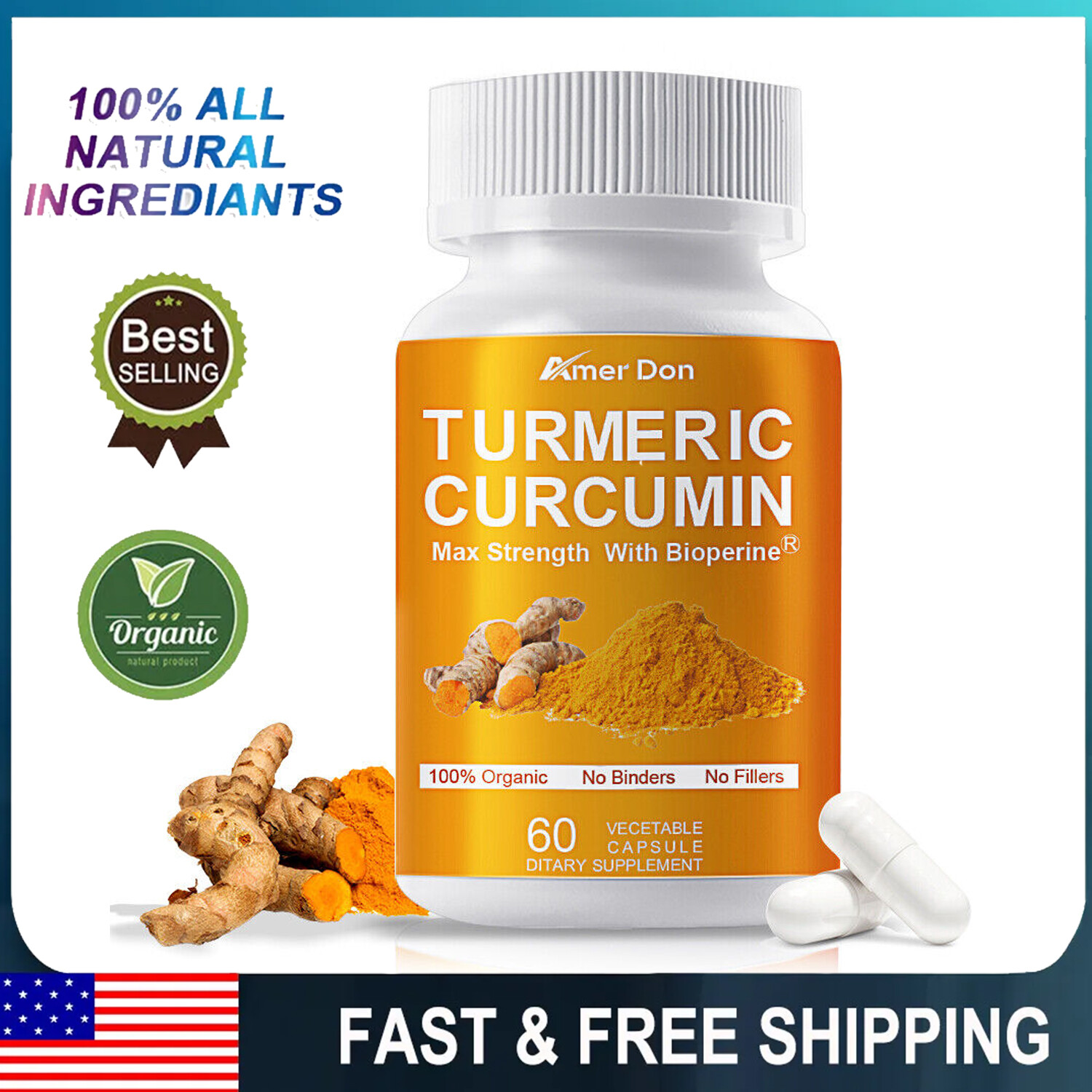 Organic Turmeric Curcumin 10000mg – 95% High Strength Capsules with Black Pepper