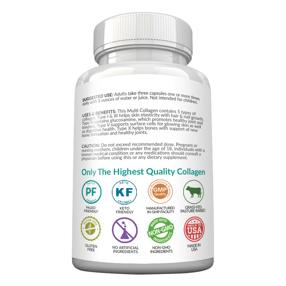 Collagen Capsules – Collagen Pills – 2 Month Supply – Type I, II, III, V, X