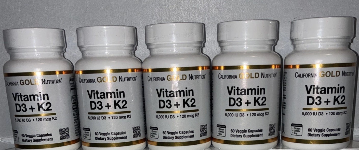 Lot Of 5-California Gold Nutrition Vitamin D3 + K2, 5,000IU, 120mcg K2/ 60 Caps