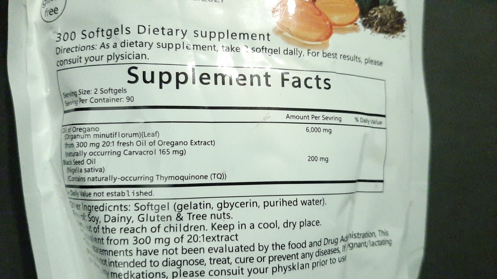 Bayland Oil of Oregano 6,000mg w/ Black Seed Oil 300 Softgels 7/2027