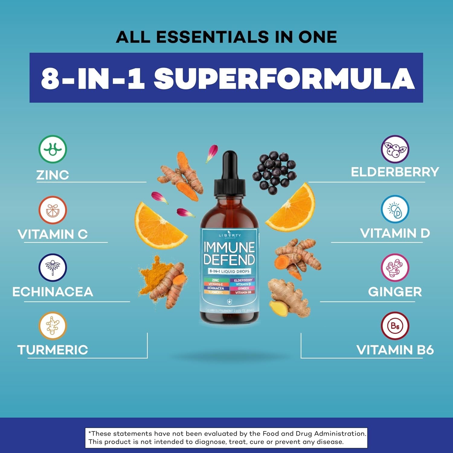 Immune Defend 8-in-1 Liquid Drops, Elderberry Turmeric Zinc, Vitamin C & D, 60mL