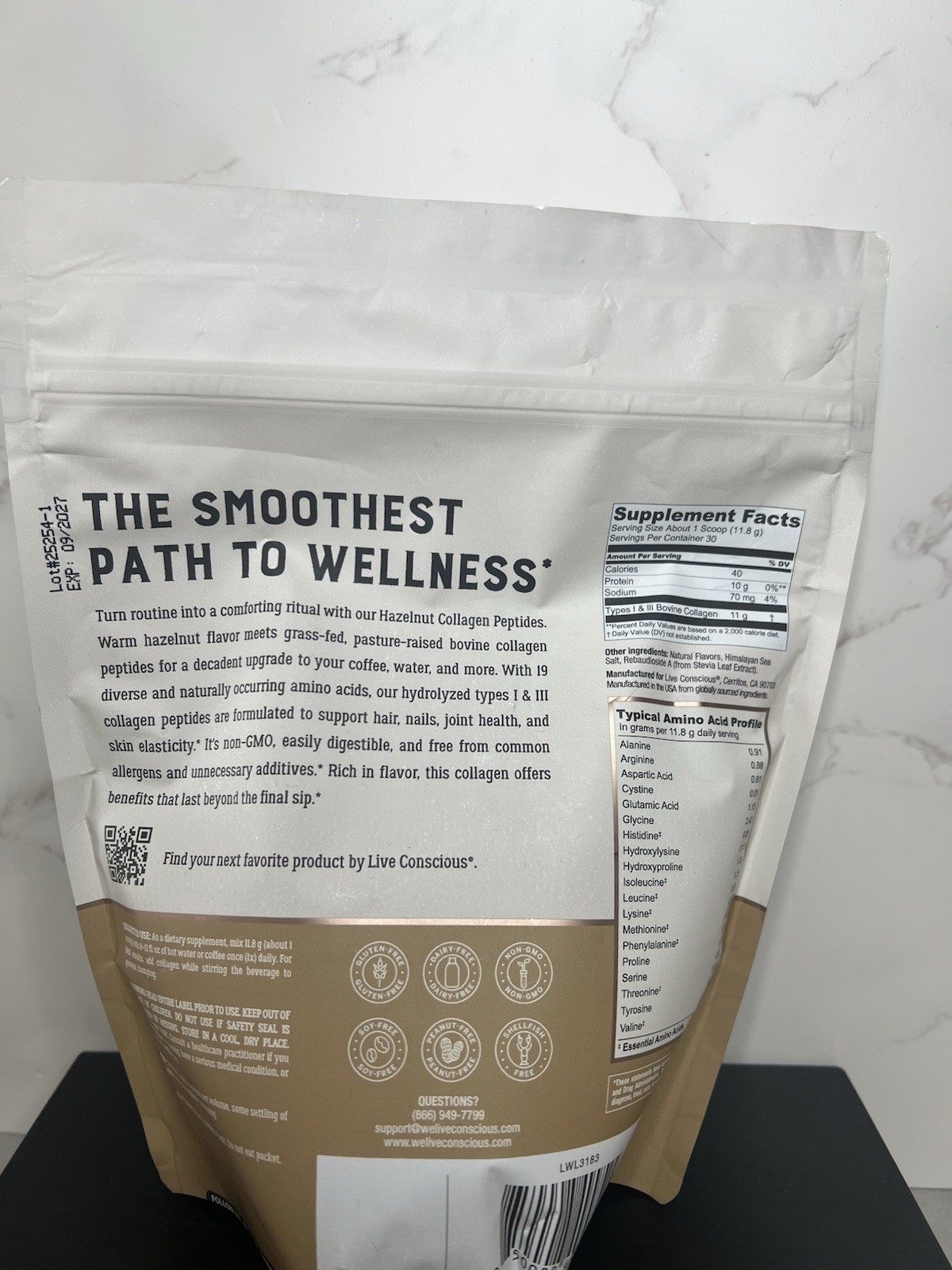 Live Conscious Grass-Fed Collagen Peptides Powder Hazelnut 12.5 oz Exp 09/2027