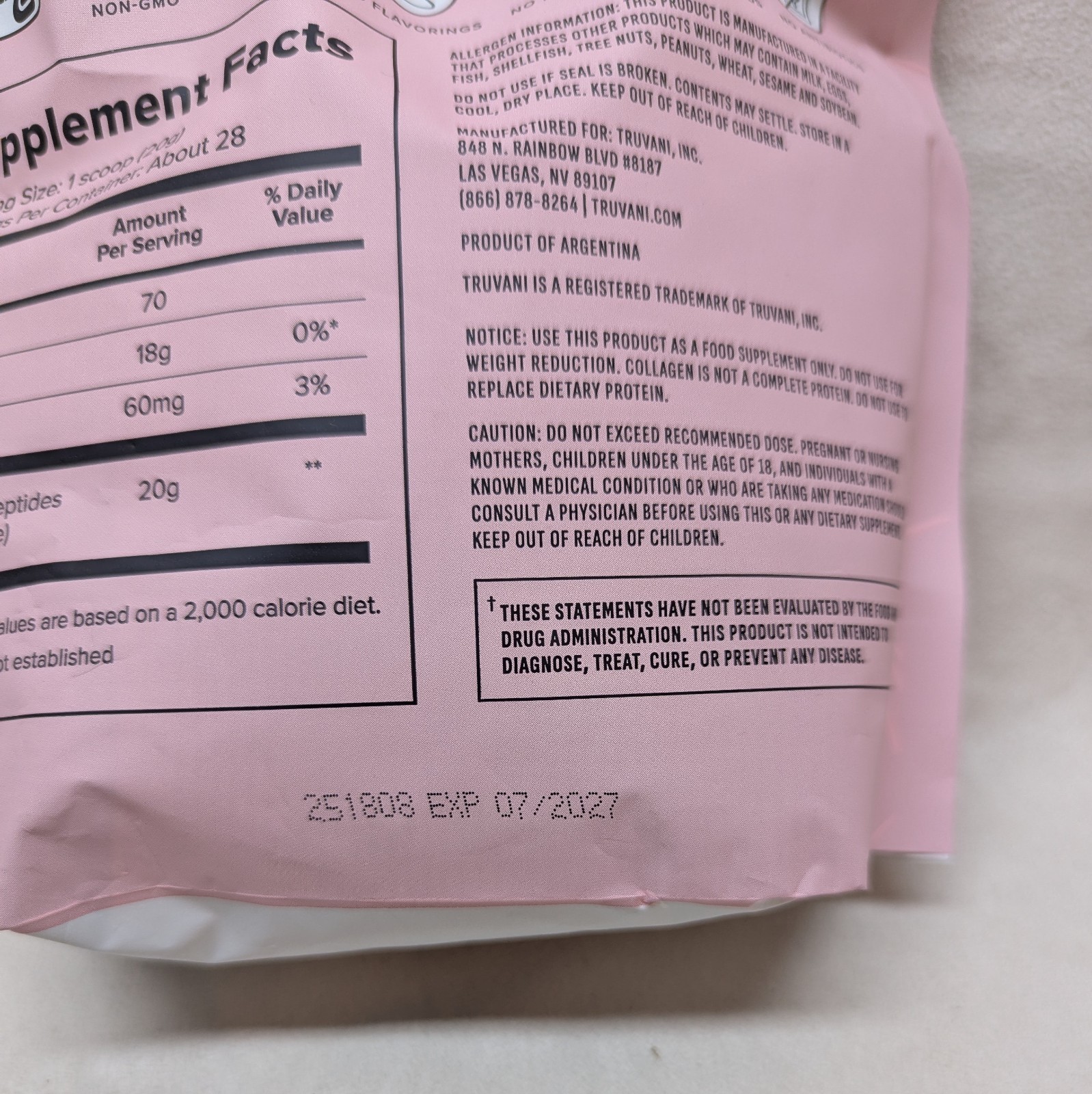 Collagen Peptides Unflavored 19.75 Oz 28 Servings by Truvani Expires 7/2027