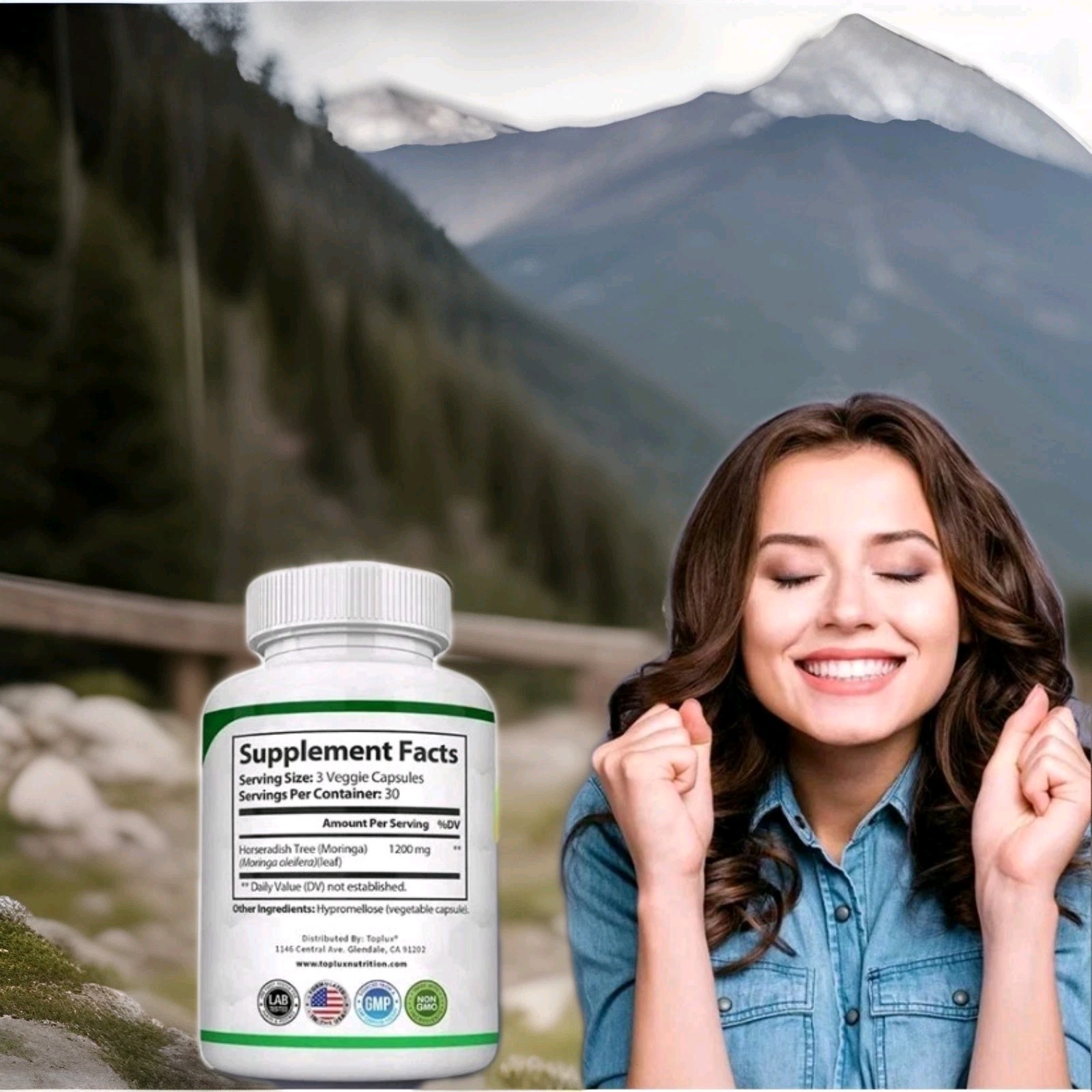 Toplux Nutrition Moringa 1200mg 90 Capsules Vegan Non-GMO Gluten-Free (B11)
