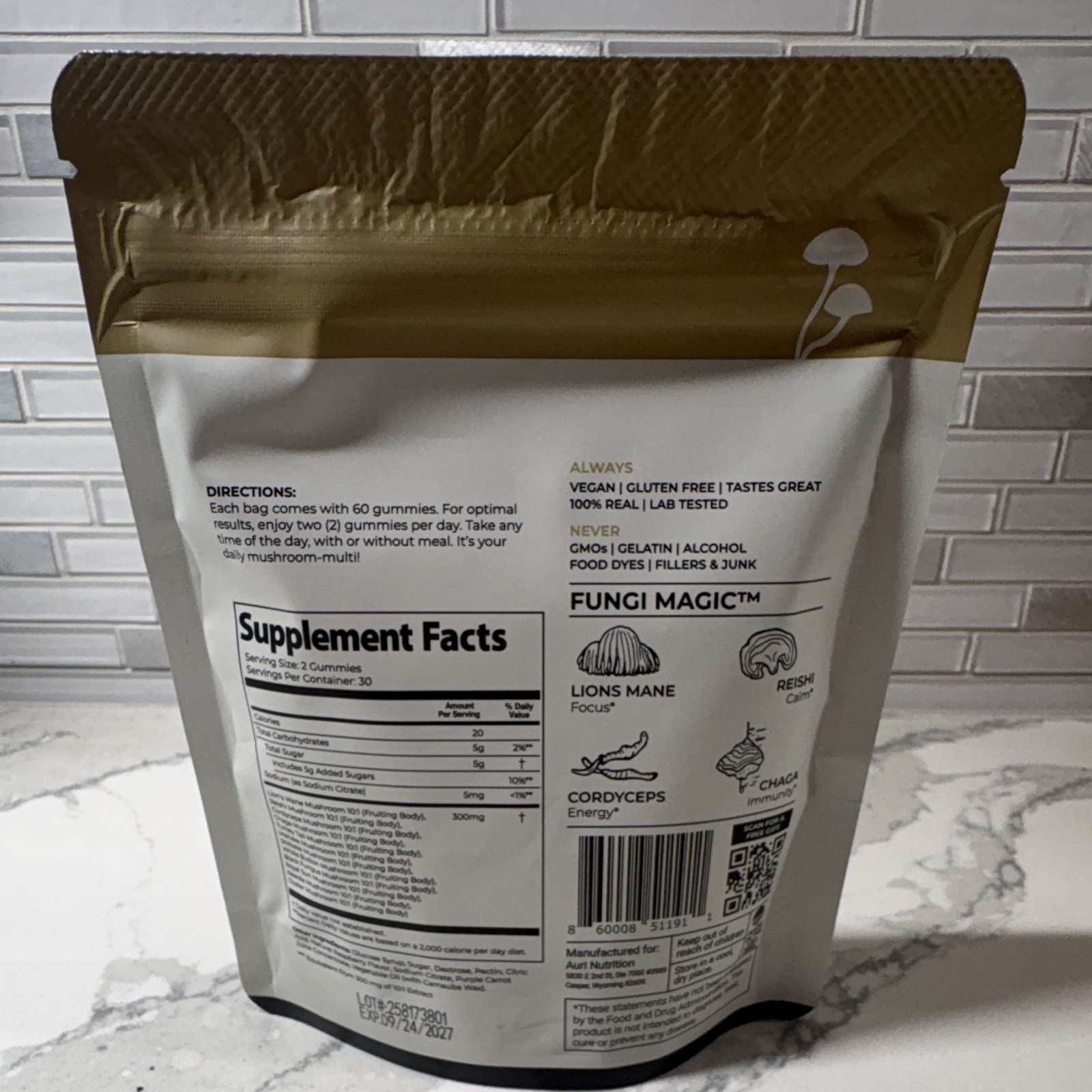Auri Super Mushroom Daily Gummies 300mg 60ct Wild Raspberry Vegan GF Lab Tested
