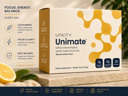 Unicity Unimate Lemon Flavor Packs 30 Count Exp 08/2028 Yerba Mate Drink Mix New
