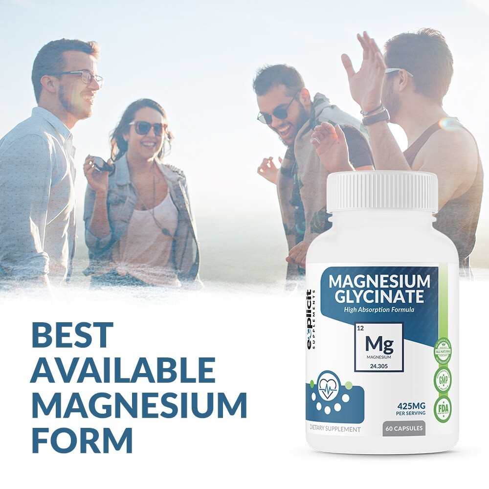Pure Magnesium Glycinate 425mg, 100% Chelated, 60 Capsules – USA Made – 1 Month
