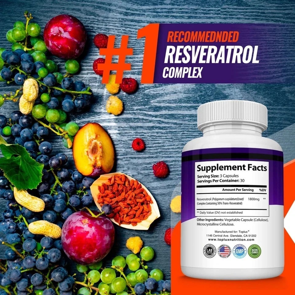 Toplux Nutrition Resveratrol Complex 1800mg 90 Capsules Non-GMO Antioxidant