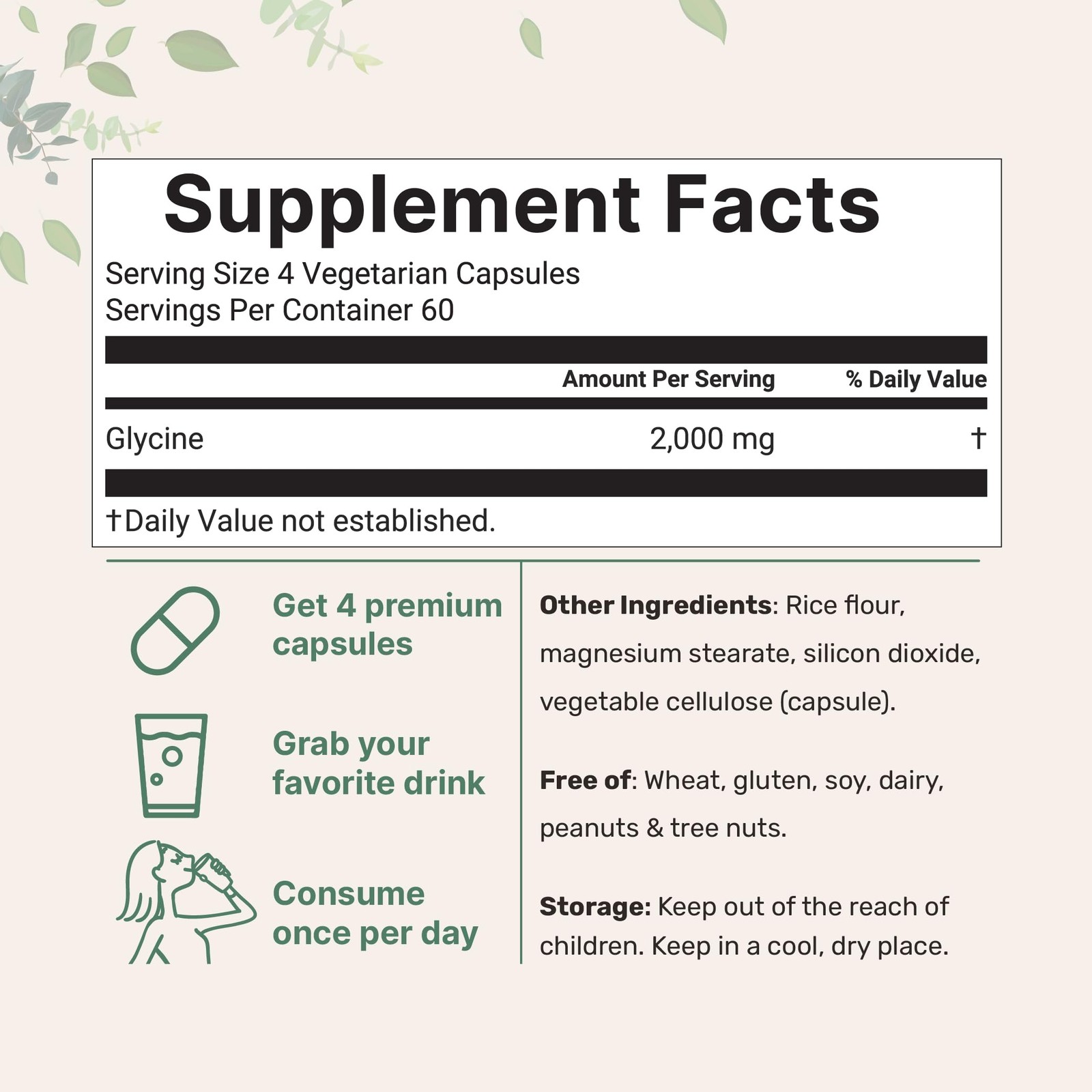 Glycine 2,000mg Per Serving, 240 Veggie Capsules | Free 240 Count (Pack of 1)