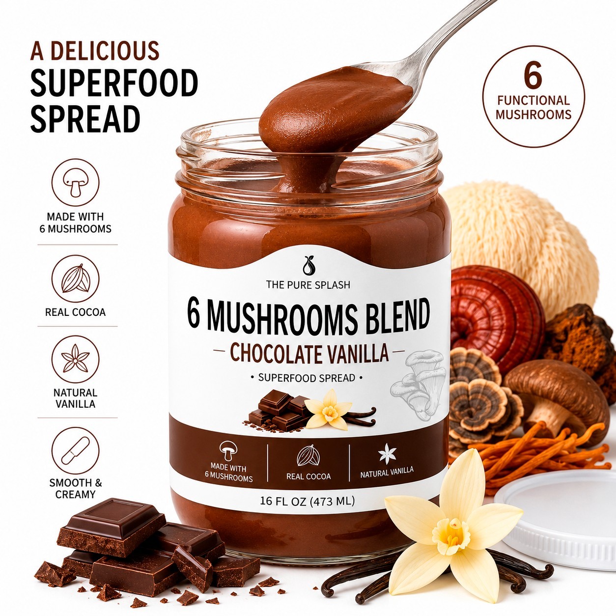 Chocolate Vanilla 6 Mushroom Blend Superfood Spread | Lion’s Mane Reishi 16 oz