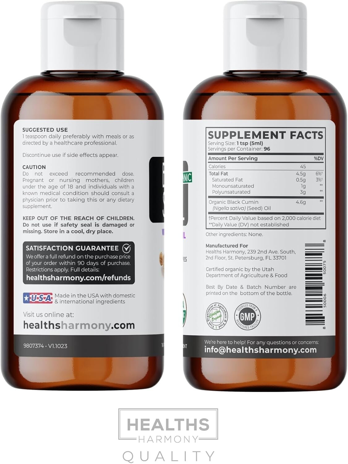 Health’s Harmony USDA Organic Black Seed Oil Liquid 16 floz Premium Cold-Pressed