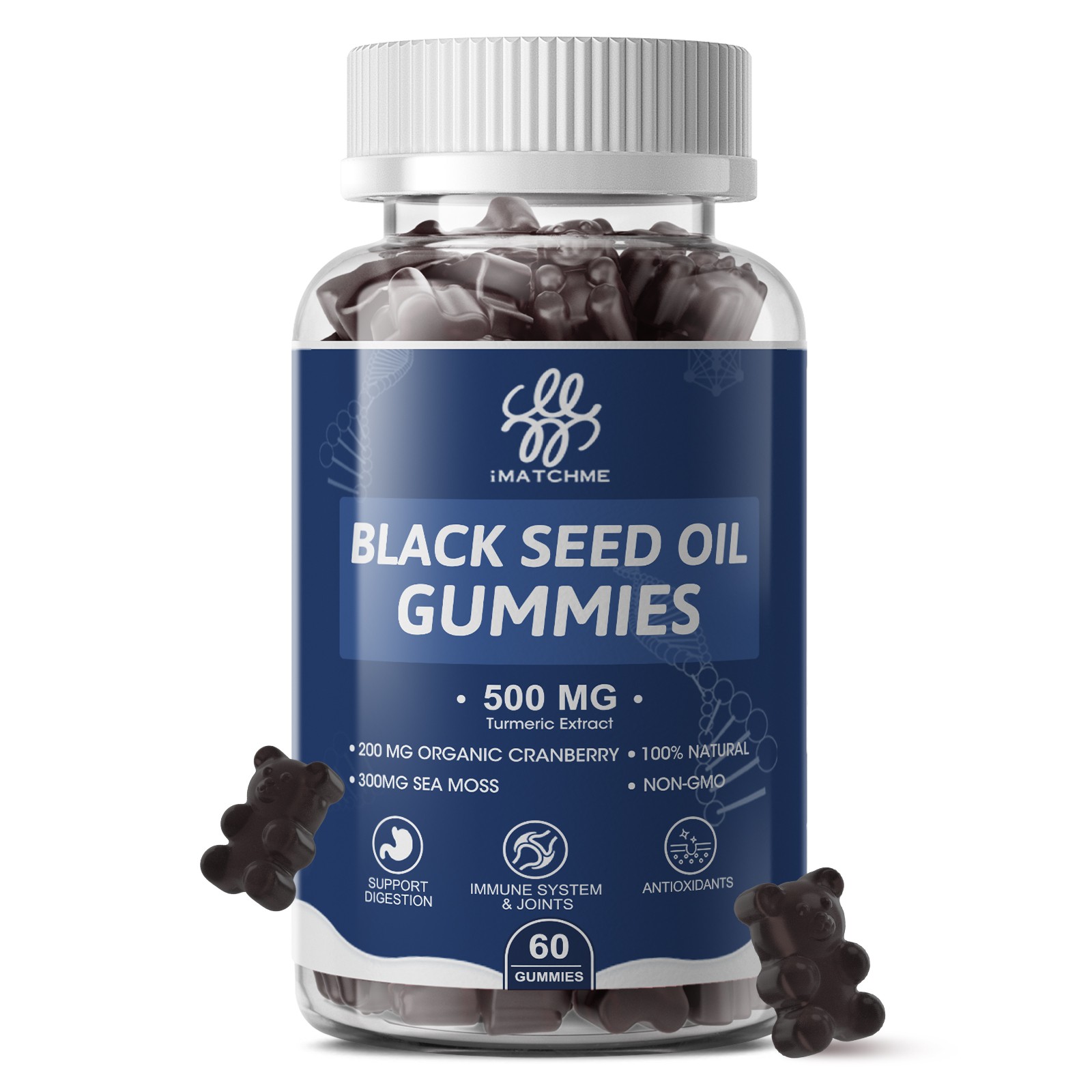 Black Seed Oil 500mg Gummies – with Elderberry, Sea Moss & Ashwagandha, 120ct