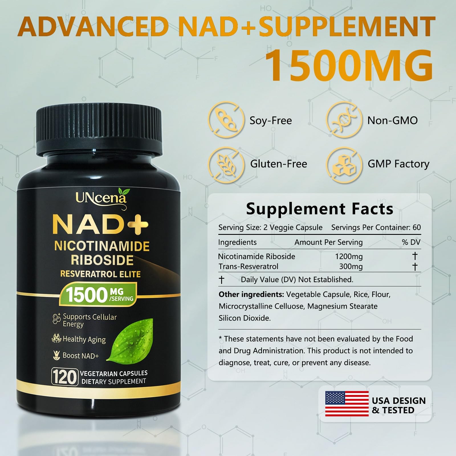 NAD Supplement 1500mg Liposomal NAD+ Nicotinamide Riboside Resveratrol 120 Caps