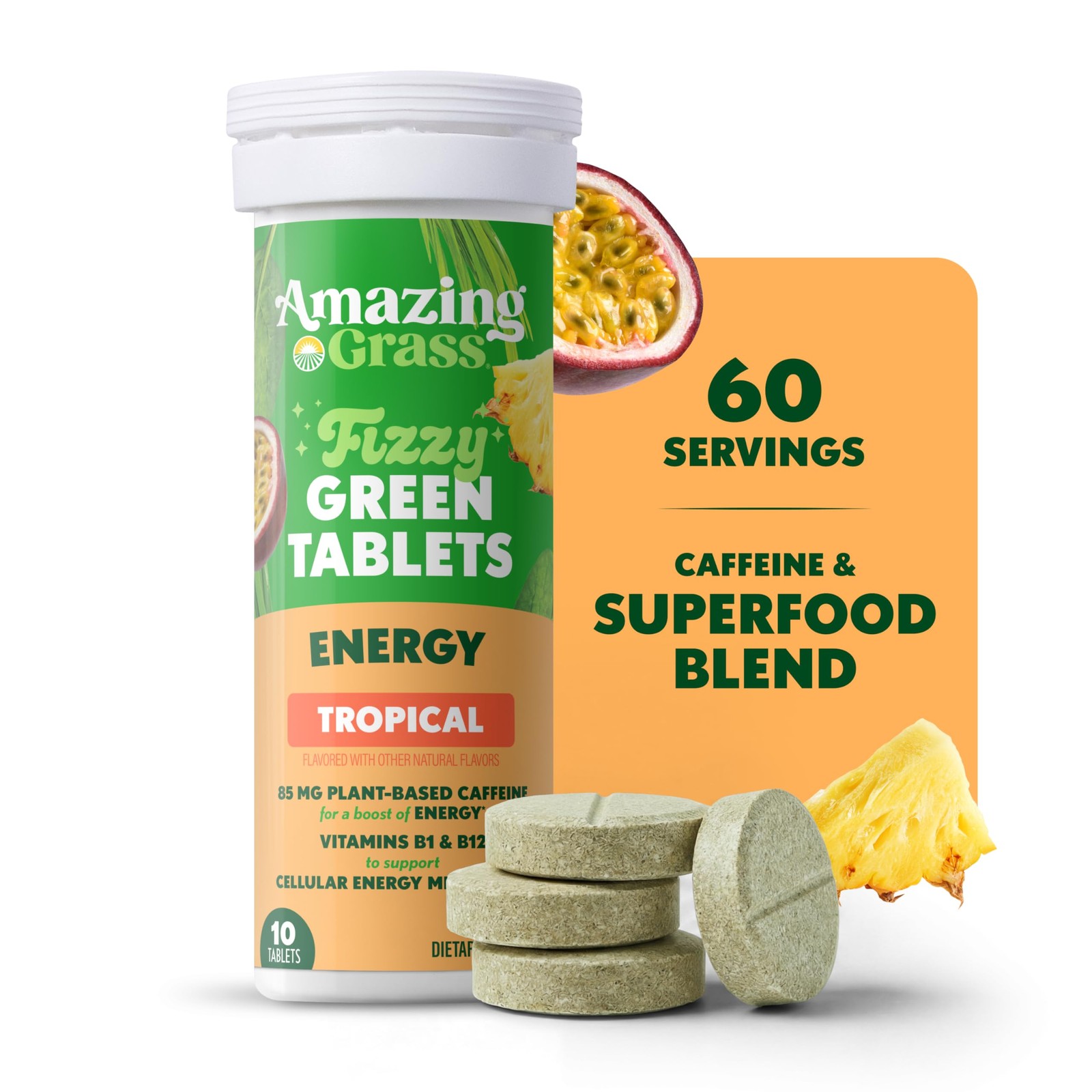 Amazing Grass Fizzy Green Tablets Energy 10 Count (Pack of 6), 60 Servings