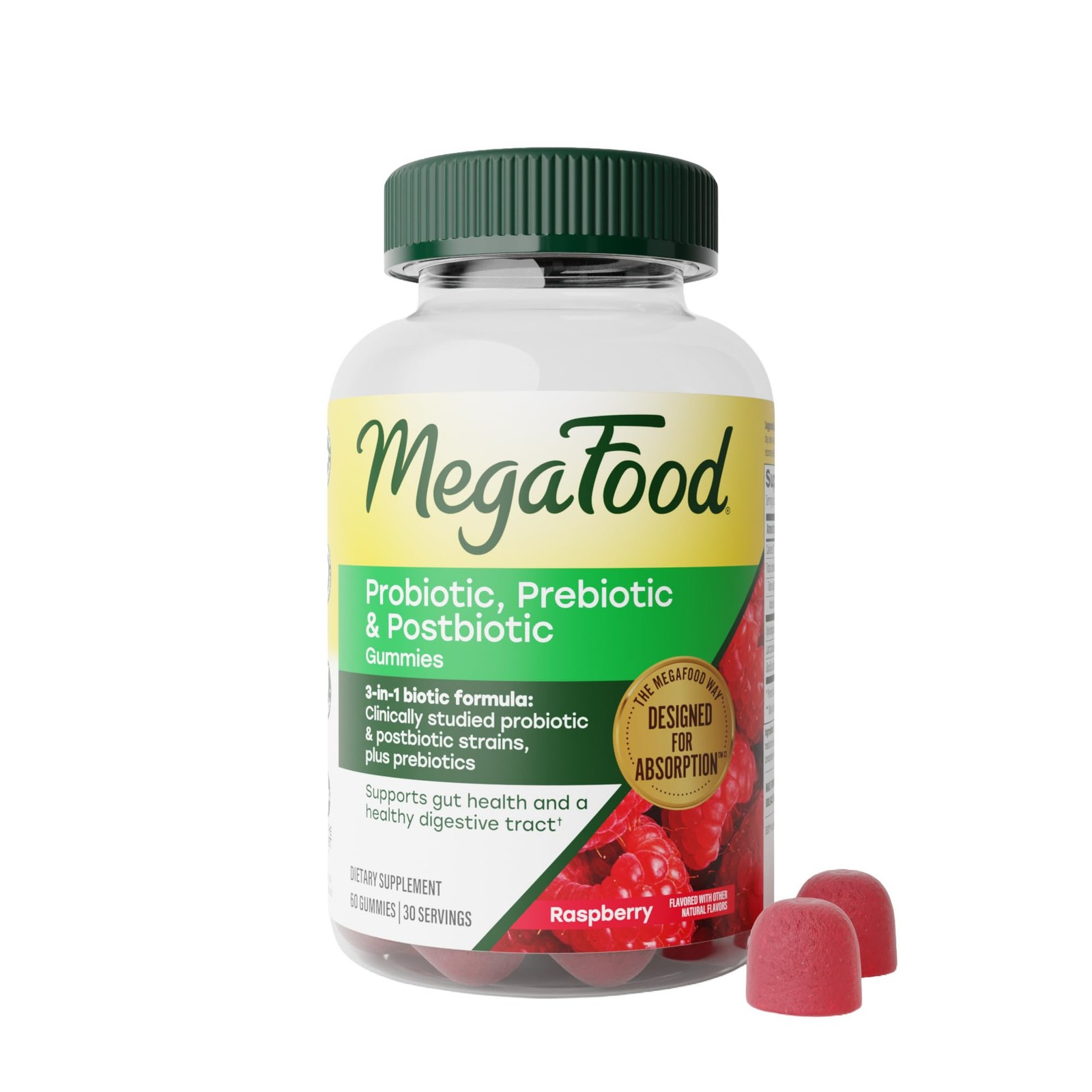 MegaFood Probiotic Prebiotic Postbiotic Gummies 60ct Raspberry Vegan 30 Servings