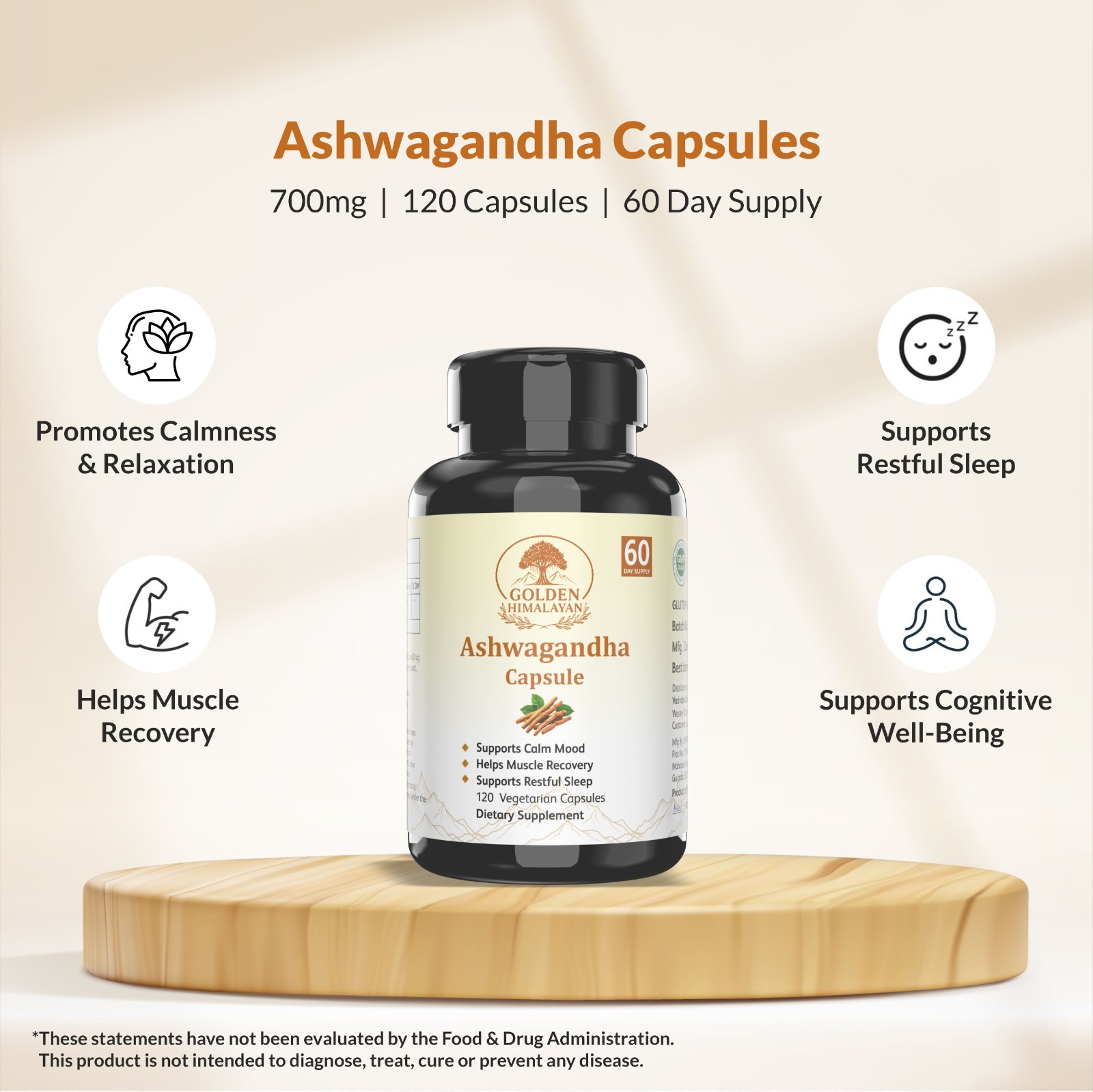 Golden Himalayan Ashwagandha Capsules: 120 count 700 mg vegetarian capsules