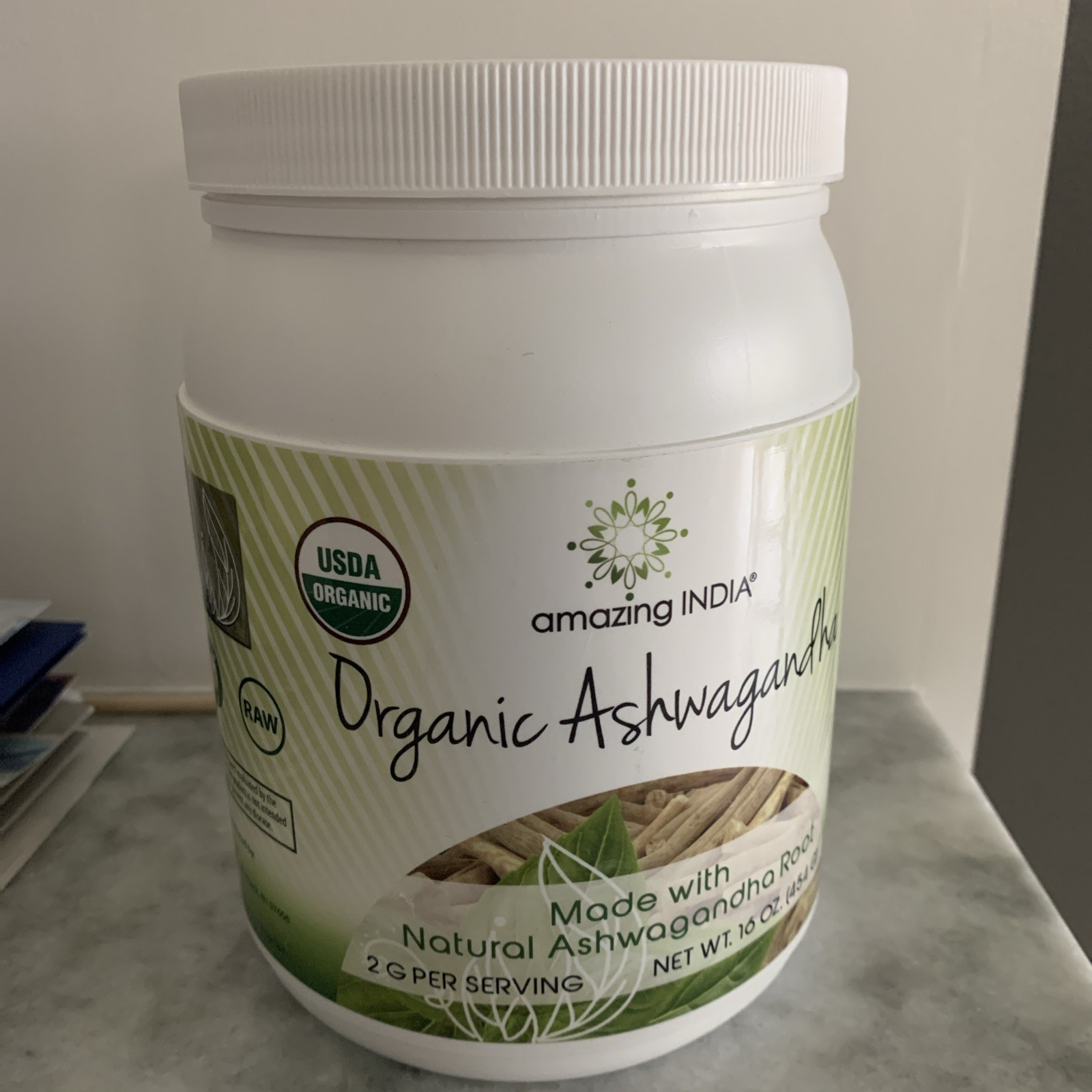 Amazing India USDA Certified Organic Ashwagandha Powder- 16 oz (8/2026)