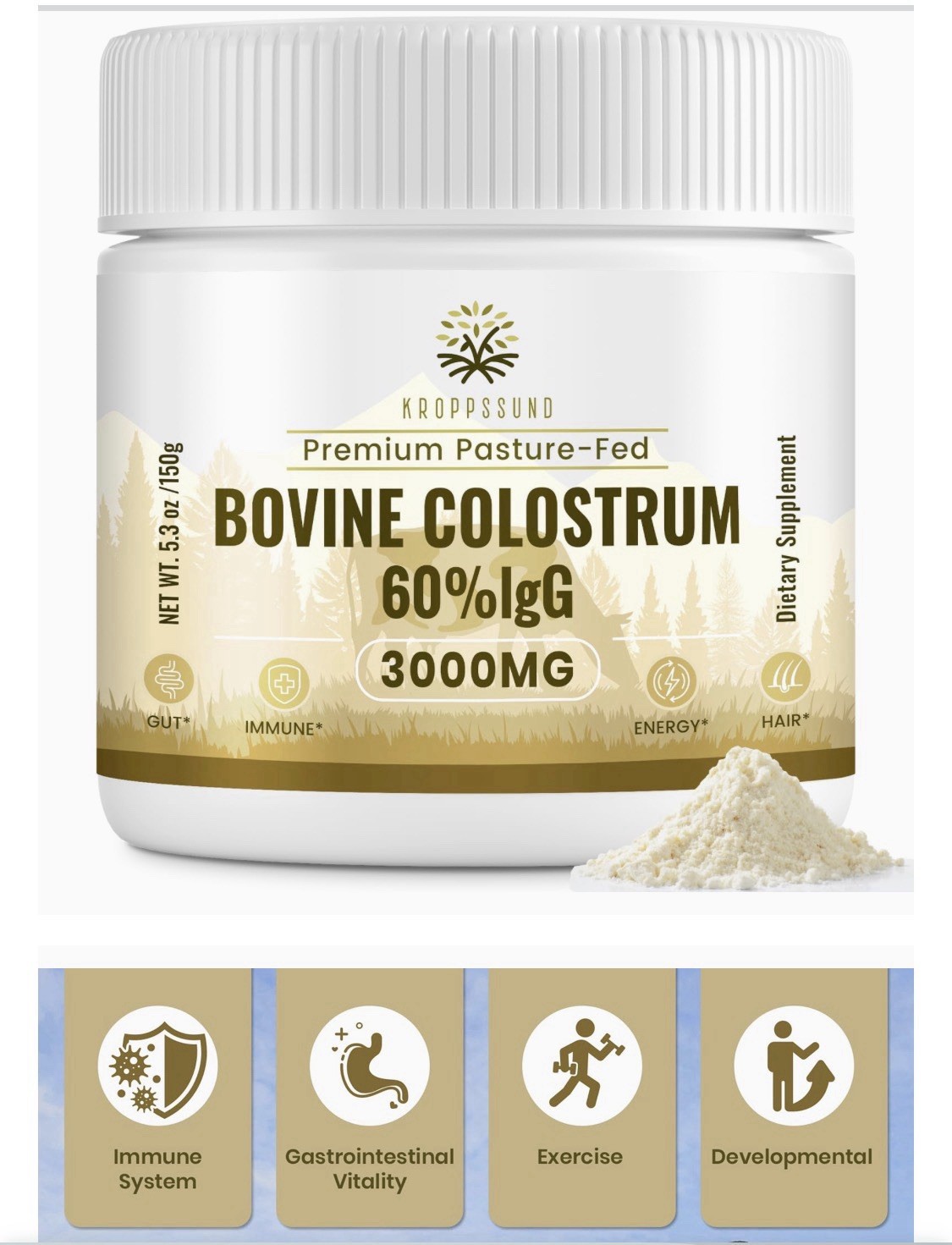 Kroppssund Pasture-Fed Bovine Colostrum Powder 60% IgG 3000mg 5.3 oz