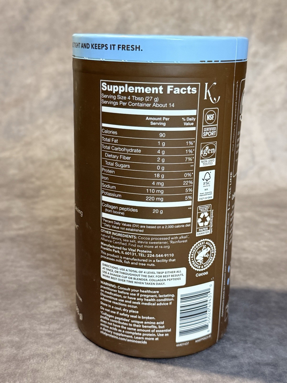 Vital Proteins Collagen Peptides Chocolate Powder Non-GMO Certified Sport 13.5oz