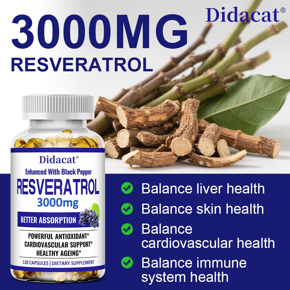 Resveratrol 3000mg Supplement for Heart,Skin & Healthy Aging, 30/60/120 Capsules