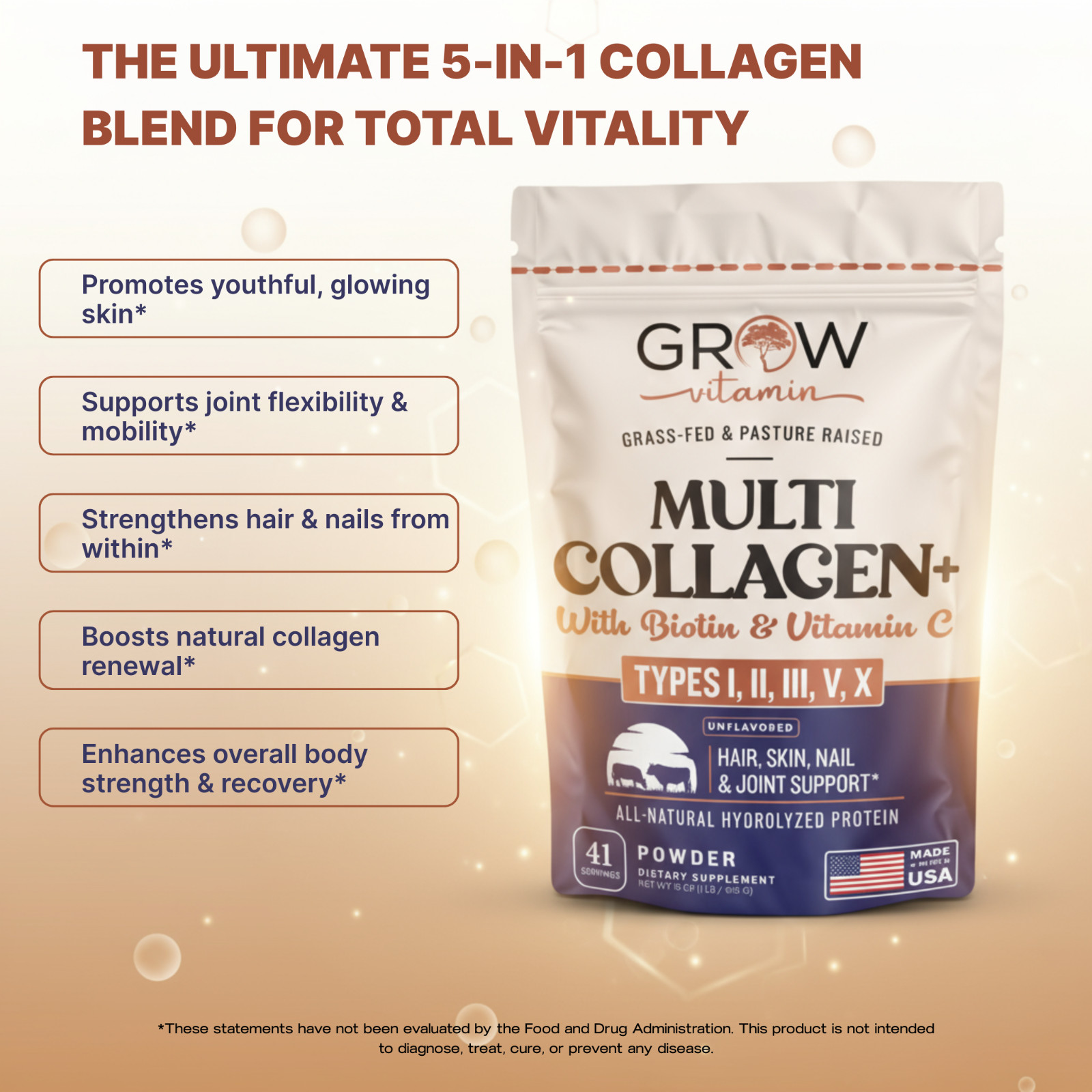 Collagen Peptides – Hair, Skin, Nail, and Joint Support – Type I & III Collagen