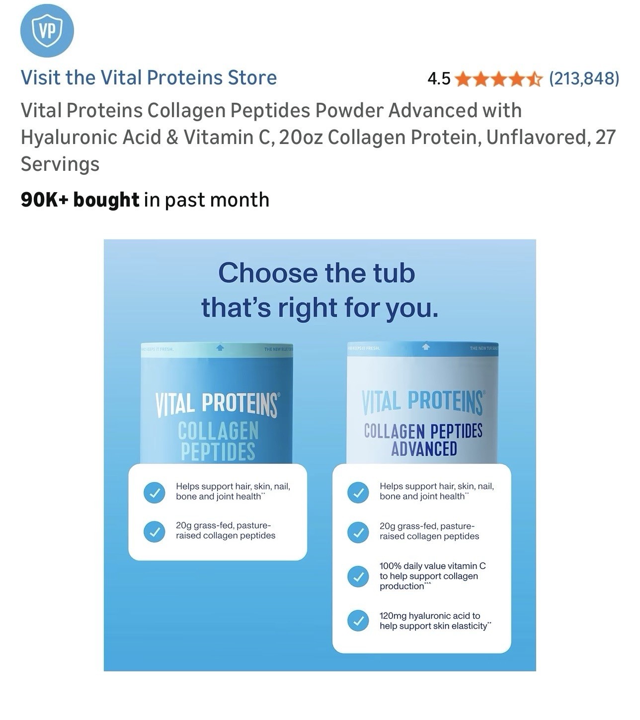 Vital Proteins Collagen Peptides Hyaluronic Acid Vitamin C Powder 20oz