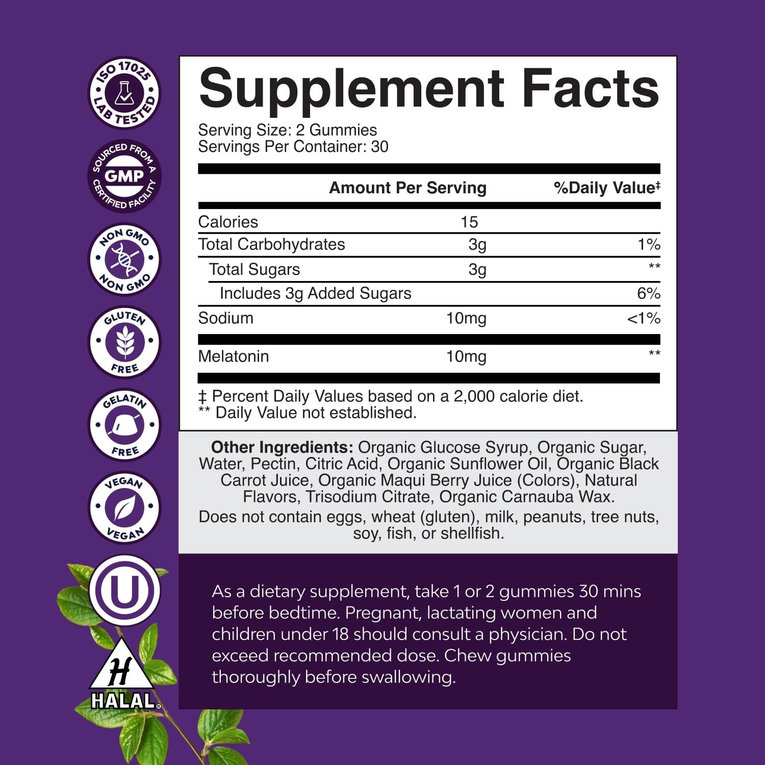 Certified Organic Melatonin Gummies 10mg Per Serving- Fast Acting and Tasty 60ct